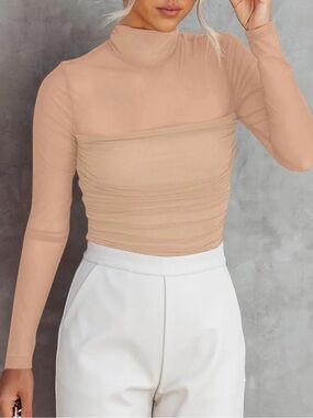 ReoRia Sheer Beige Mock Neck Long Sleeve Bodysuit